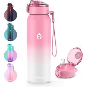Gourde Isotherme avec Paille Amovible 1L,1000ml Bouteille Isotherme Étanche sans BPA, 18/10 Gourde Inox Anti-Fuite pour Sport, Gym, Voyage(Blanc Rose)