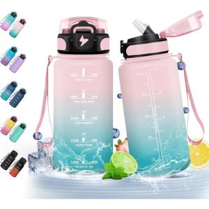 HoneyHolly Gourde Paille, Gourde 500ml, sans BPA & Étanches, Bouteille, Motivation Bouteille d&rsquo;eau, Avec Marqueur de Temps, Petite Bouteille pour Gym, Ecole, Cyclisme, Plein Air, Sport(Rose & Cyan – 500ml)