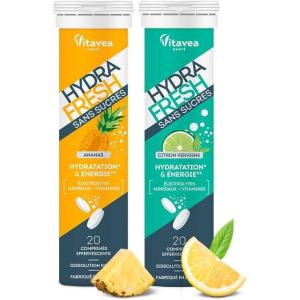 HydraFresh – 2 saveurs – Pastilles hydratation Effervescentes – Magnésium, Électrolytes, Calcium, Vitamines C et B – Complément alimentaire énergie saveur Citron et Ananas – Sans sucres – France(Ananas et Citron)