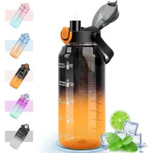 MOMSIV Gourde de 2 l sans BPA, grande capacité, anti-fuite, avec paille, graduations de temps pour boire et verrouiller, pichet d&rsquo;eau en Tritan pour le vélo, l&rsquo;école, la gym(Noir)
