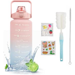 MOMSIV Gourde de 2 l sans BPA, grande capacité, anti-fuite, avec paille, graduations de temps pour boire et verrouiller, pichet d&rsquo;eau en Tritan pour le vélo, l&rsquo;école, la gym(Rose)