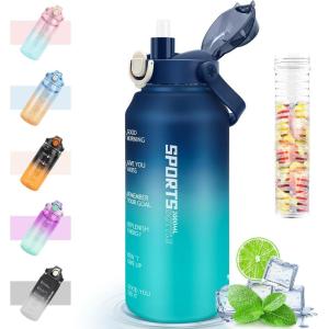 MOMSIV Gourde de 2 l sans BPA, grande capacité, anti-fuite, avec paille, graduations de temps pour boire et verrouiller, pichet d&rsquo;eau en Tritan pour le vélo, l&rsquo;école, la gym(Bleu Vert)
