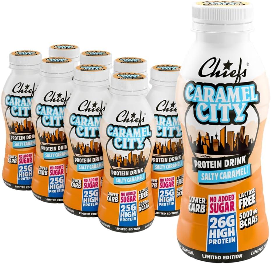 image:imageBoisson protine Chiefs Milkshake Caramel Sal Sans sucre ajout et sans lactose Riche en protines avec 26 g de protine Bouteilles de 8 x 330 ml Dlicieux got crmeuxChocolat