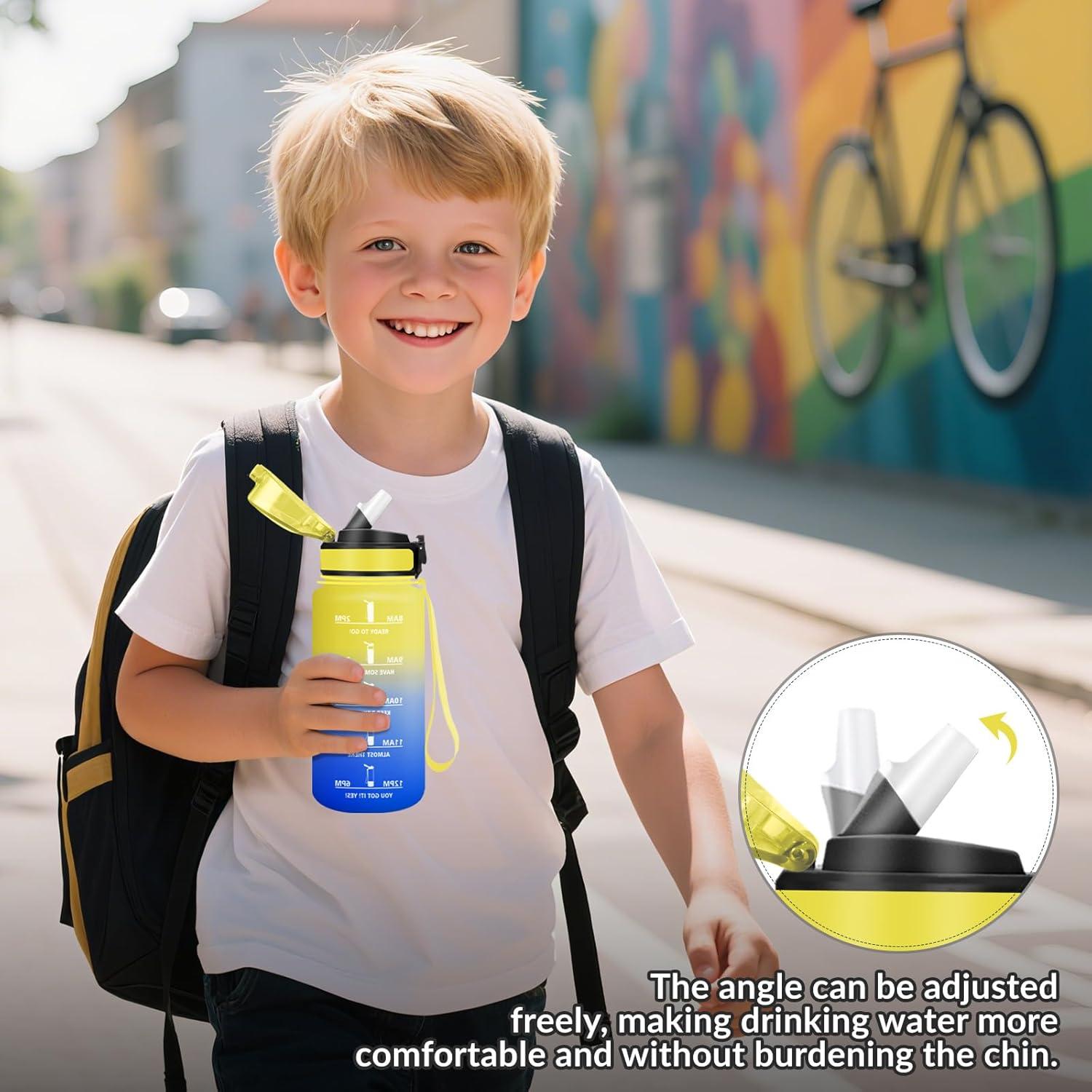 image:imageHoneyHolly Gourde Paille Gourde 500ml sans BPA ampamp tanches Bouteille Motivation Bouteille deau Avec Marqueur de Temps Petite Water Bottle pour Gym Ecole Cyclisme Plein Air SportGelbblau 500ml
