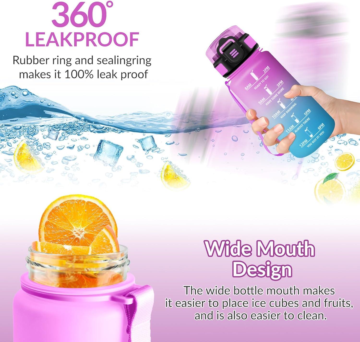 image:imageHoneyHolly Gourde Paille Gourde 500ml sans BPA ampamp tanches Bouteille Motivation Bouteille deau Avec Marqueur de Temps Petite Water Bottle pour Gym Ecole Cyclisme Plein Air SportRose Cyan 500 Ml