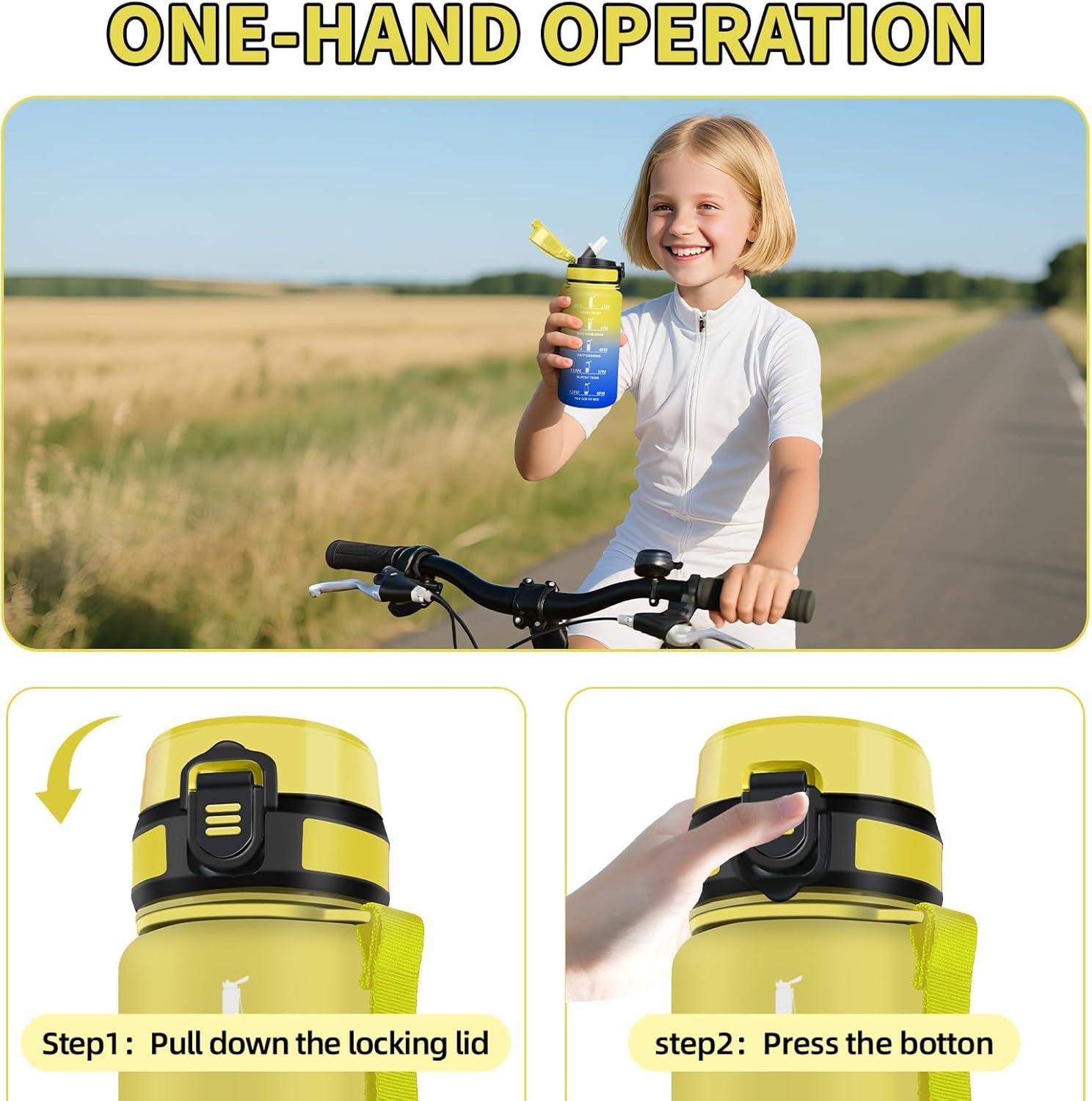 image:imageHoneyHolly Gourde Paille Gourde 500ml sans BPA ampamp tanches Bouteille Motivation Bouteille deau Avec Marqueur de Temps Petite Water Bottle pour Gym Ecole Cyclisme Plein Air SportGelbblau 500ml