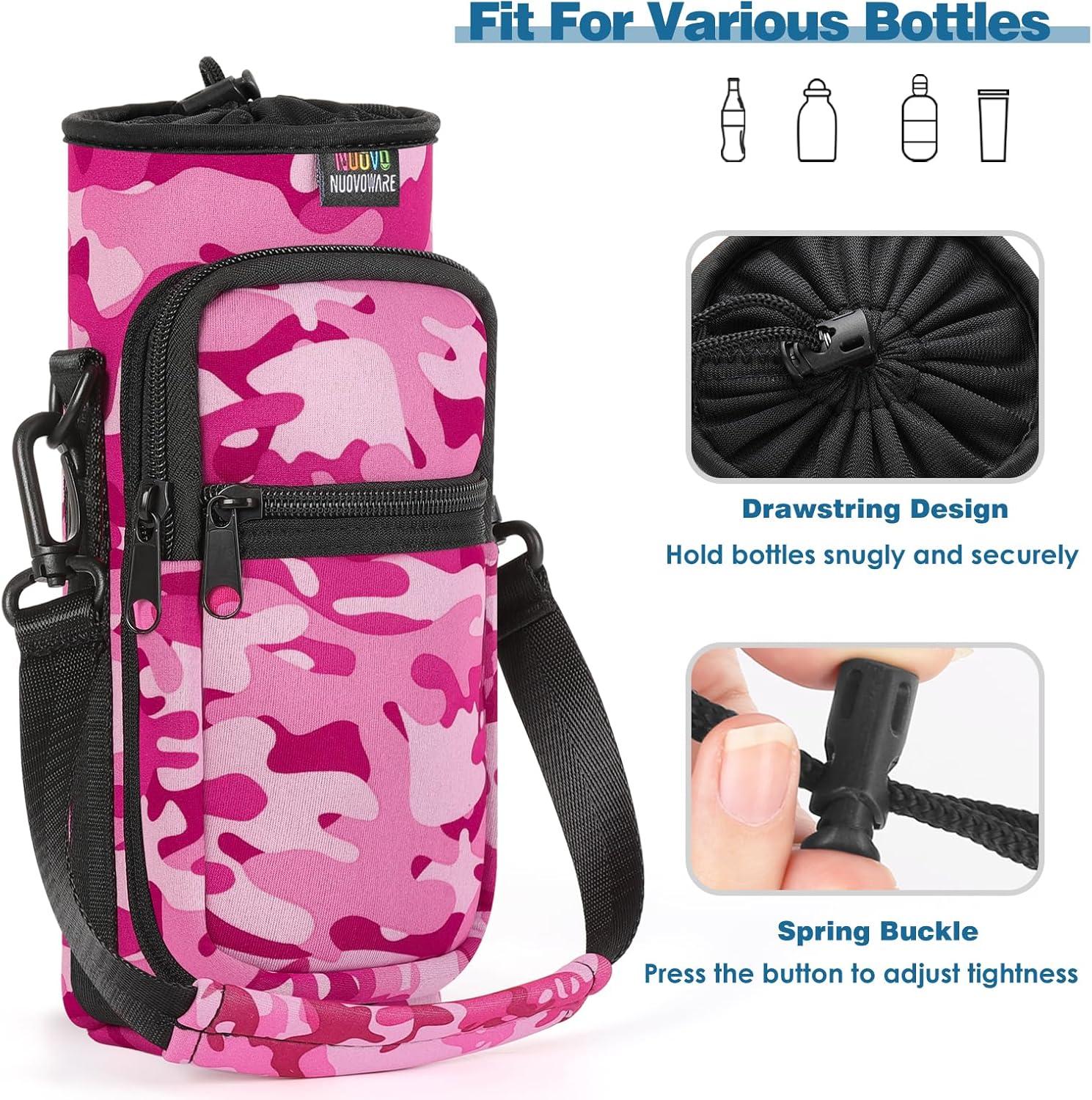 image:imageNuovoware Sac Bouteille en Noprne 750ml1000ml1800ml PorteBouteille avec BandoulireampampDragonne Ajustable Sac FourreTout avec Poche Accessoire Parfait pour Voyage Randonne CampingCamouflage Rose