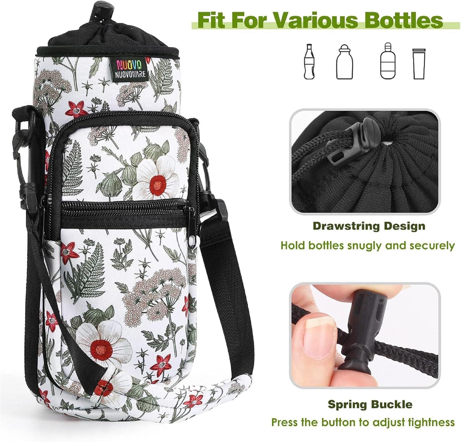 image:imageNuovoware Sac Bouteille en Noprne 750ml1000ml1800ml PorteBouteille avec BandoulireampampDragonne Ajustable Sac FourreTout avec Poche Accessoire Parfait pour Voyage Randonne CampingHibiscus Blanc