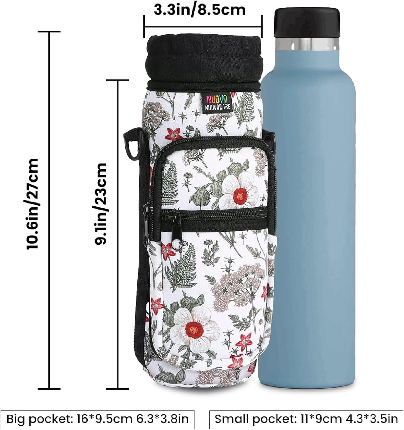 image:imageNuovoware Sac Bouteille en Noprne 750ml1000ml1800ml PorteBouteille avec BandoulireampampDragonne Ajustable Sac FourreTout avec Poche Accessoire Parfait pour Voyage Randonne CampingHibiscus Blanc