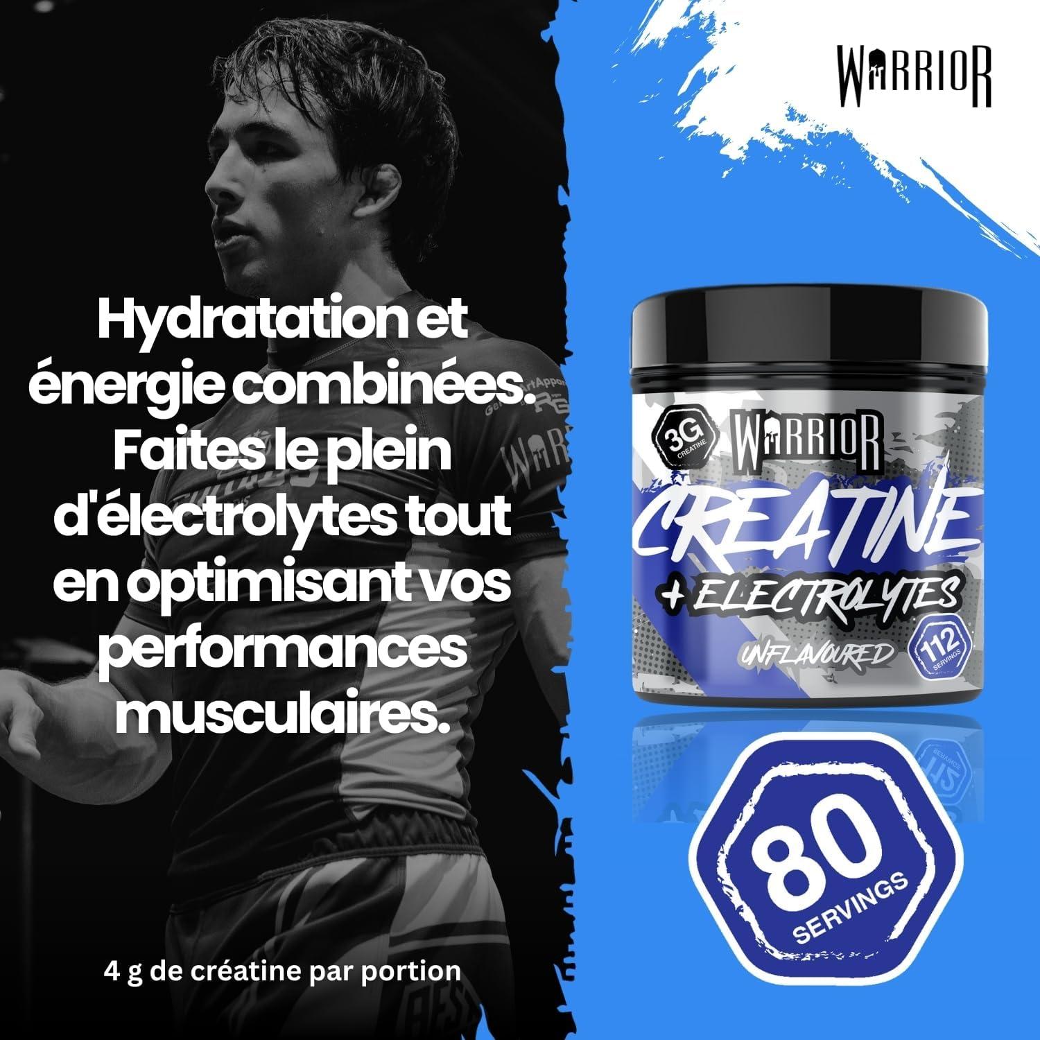 image:imageWarrior Cratine Monohydrate lectrolytes 360 g 80 Portions Supplment Sportif PrEntranement pour Hydratation Performance et Rcupration Musculaire Non aromatise