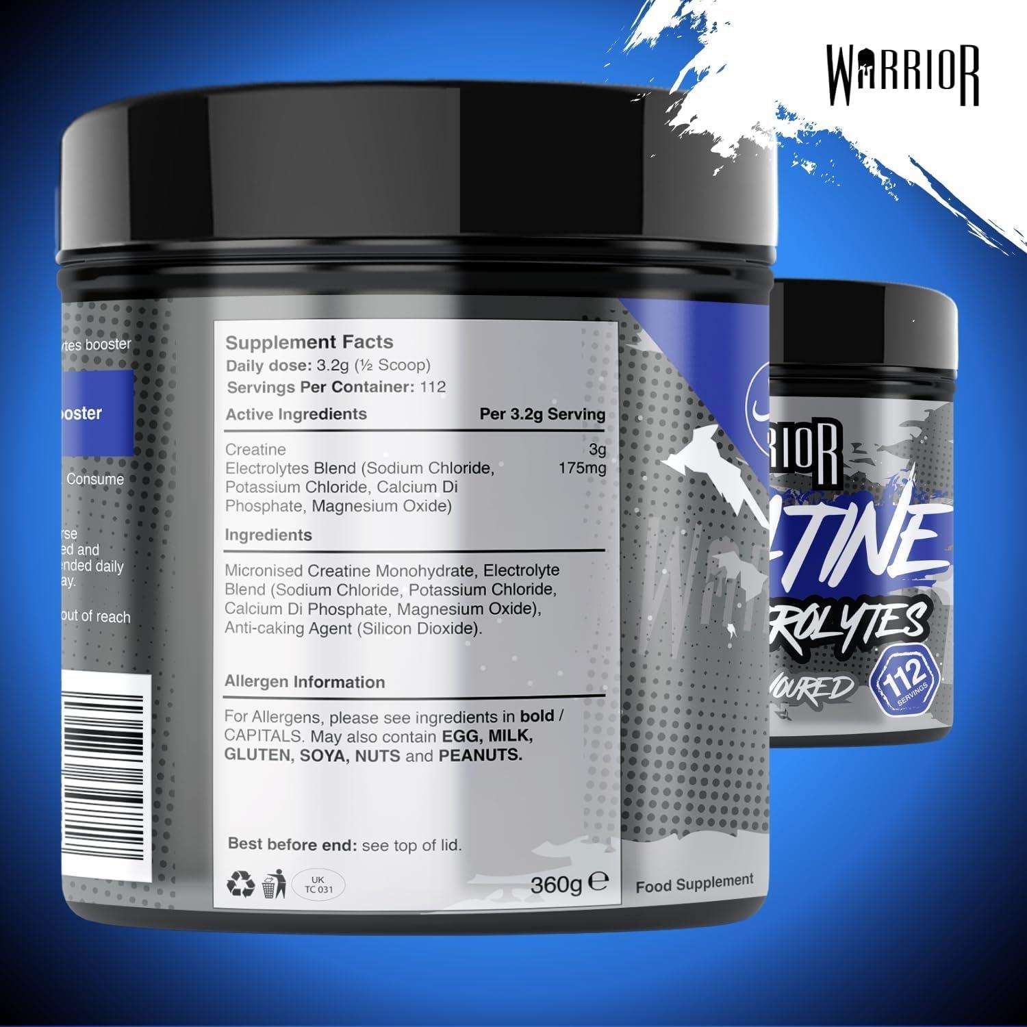 image:imageWarrior Cratine Monohydrate lectrolytes 360 g 80 Portions Supplment Sportif PrEntranement pour Hydratation Performance et Rcupration Musculaire Non aromatise