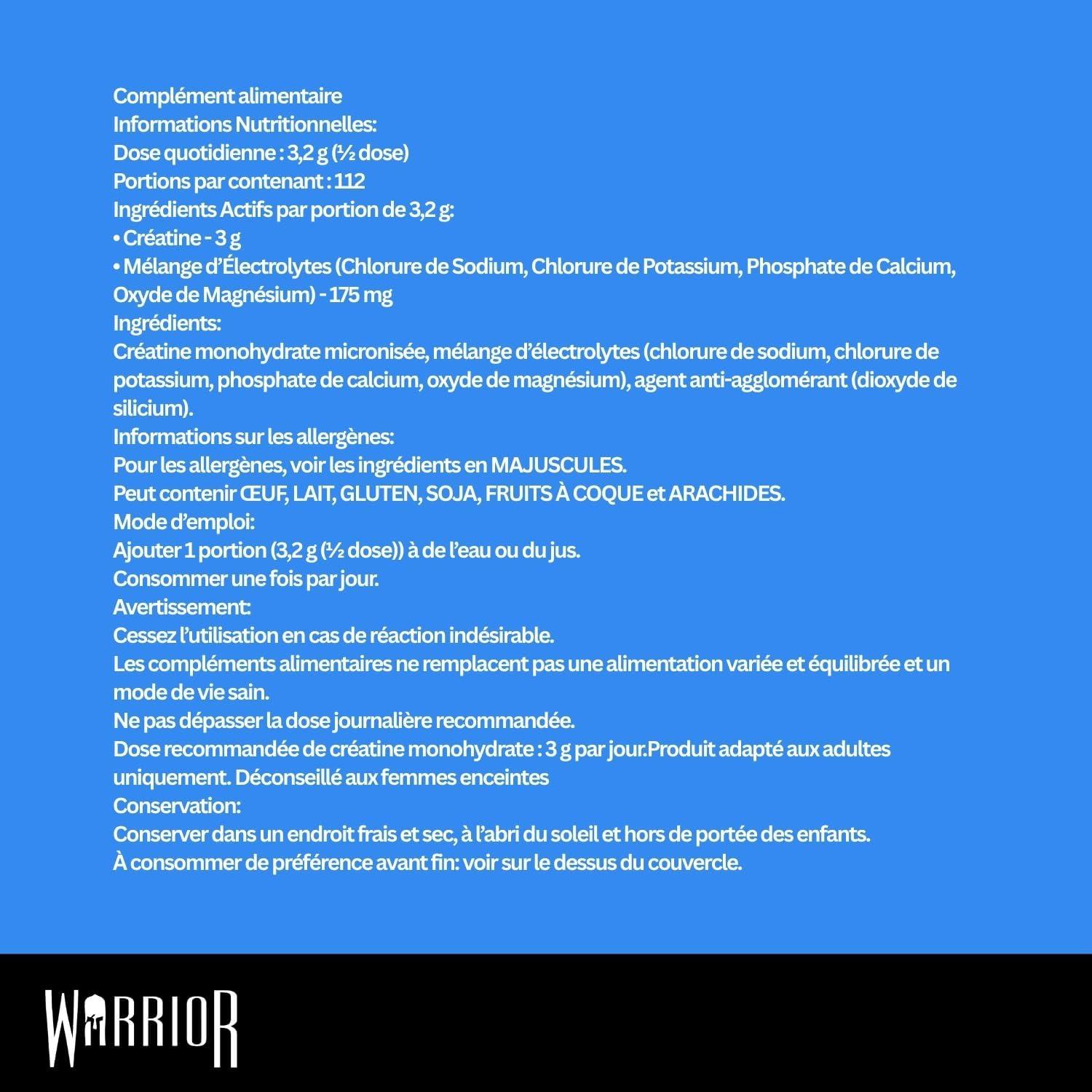 image:imageWarrior Cratine Monohydrate lectrolytes 360 g 80 Portions Supplment Sportif PrEntranement pour Hydratation Performance et Rcupration Musculaire Non aromatise