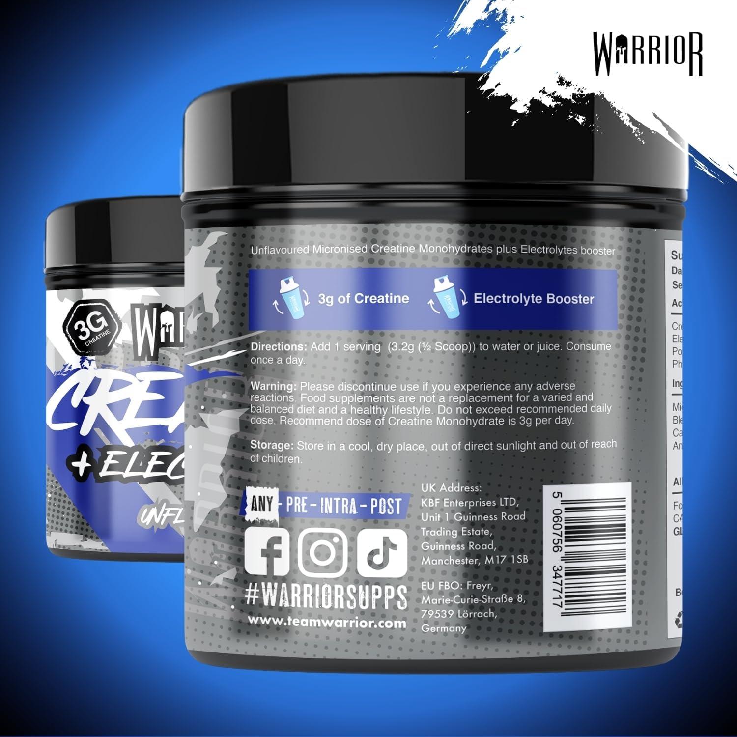 image:imageWarrior Cratine Monohydrate lectrolytes 360 g 80 Portions Supplment Sportif PrEntranement pour Hydratation Performance et Rcupration Musculaire Non aromatise