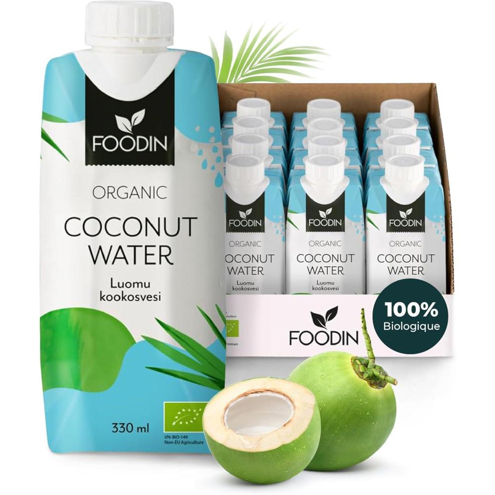 image:imageFoodin Eau de coco Bio Naturellement hydratante avec des lectrolytes Sans gras Sans gluten Sans OGM Faible en calories Dsaltrant apaisant Paquet de 12 12x330ml330 ml Lot de 12