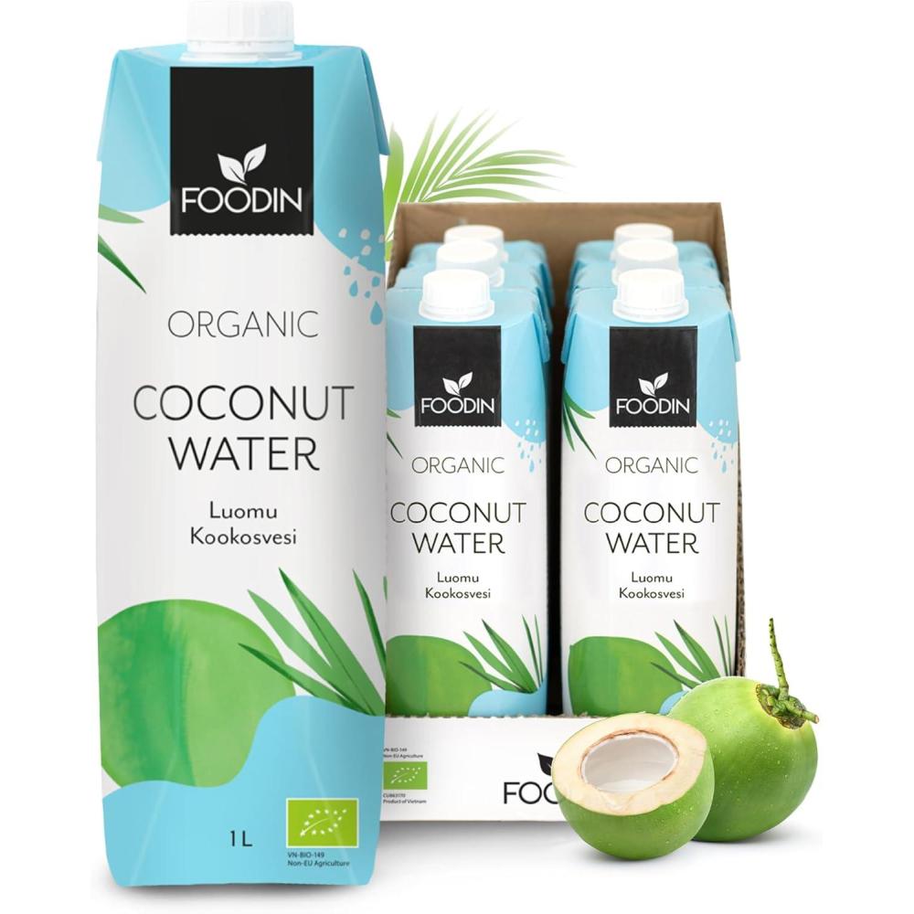 image:imageFoodin Eau de coco Bio Naturellement hydratante avec des lectrolytes Sans gras Sans gluten Sans OGM Faible en calories Dsaltrant apaisant Paquet de 12 12x330ml1 l Lot de 6