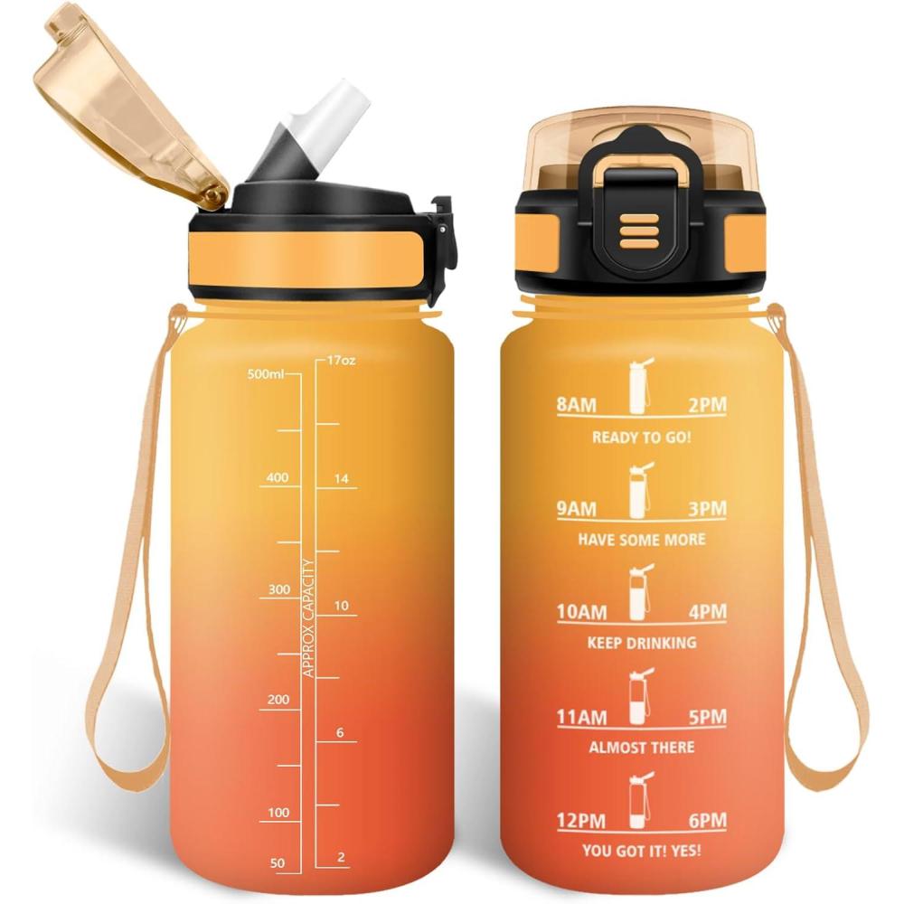 image:imageHoneyHolly Gourde Paille Gourde 500ml sans BPA ampamp tanches Bouteille Motivation Bouteille deau Avec Marqueur de Temps Petite Water Bottle pour Gym Ecole Cyclisme Plein Air SportAmbreorange 500 Ml