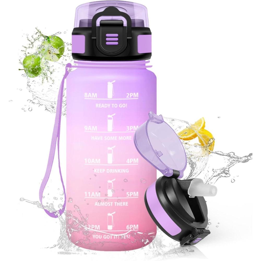 image:imageHoneyHolly Gourde Paille Gourde 500ml sans BPA ampamp tanches Bouteille Motivation Bouteille deau Avec Marqueur de Temps Petite Water Bottle pour Gym Ecole Cyclisme Plein Air SportIrisrosa  500ml