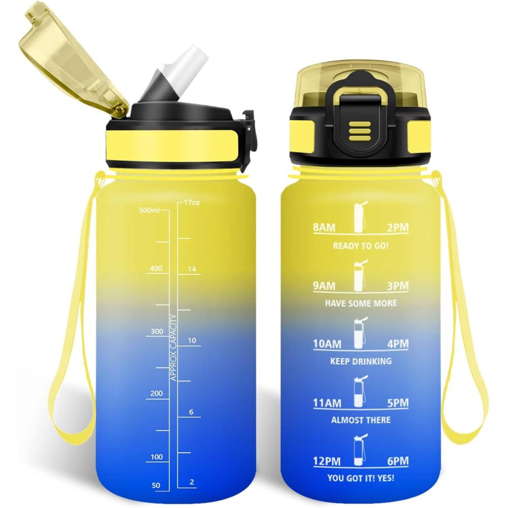 image:imageHoneyHolly Gourde Paille Gourde 500ml sans BPA ampamp tanches Bouteille Motivation Bouteille deau Avec Marqueur de Temps Petite Water Bottle pour Gym Ecole Cyclisme Plein Air SportGelbblau  500ml