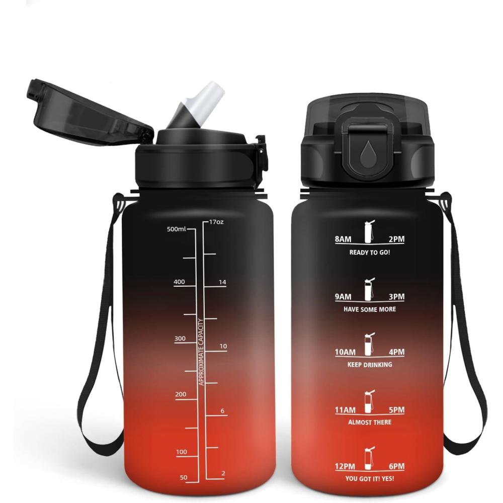 image:imageHoneyHolly Gourde Paille Gourde 500ml sans BPA ampamp tanches Bouteille Motivation Bouteille deau Avec Marqueur de Temps Petite Water Bottle pour Gym Ecole Cyclisme Plein Air SportBlackred Label Color 500 Ml