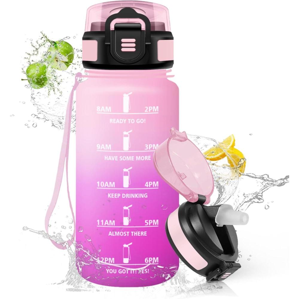 image:imageHoneyHolly Gourde Paille Gourde 500ml sans BPA ampamp tanches Bouteille Motivation Bouteille deau Avec Marqueur de Temps Petite Water Bottle pour Gym Ecole Cyclisme Plein Air SportPinkrose  500ml
