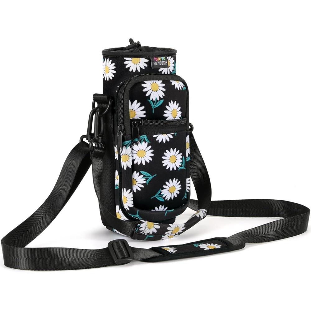 image:imageNuovoware Sac  Bouteille en Noprne 750ml1000ml1800ml PorteBouteille avec BandoulireampampDragonne Ajustable Sac FourreTout avec Poche Accessoire Parfait pour Voyage Randonne CampingMarguerite Noire