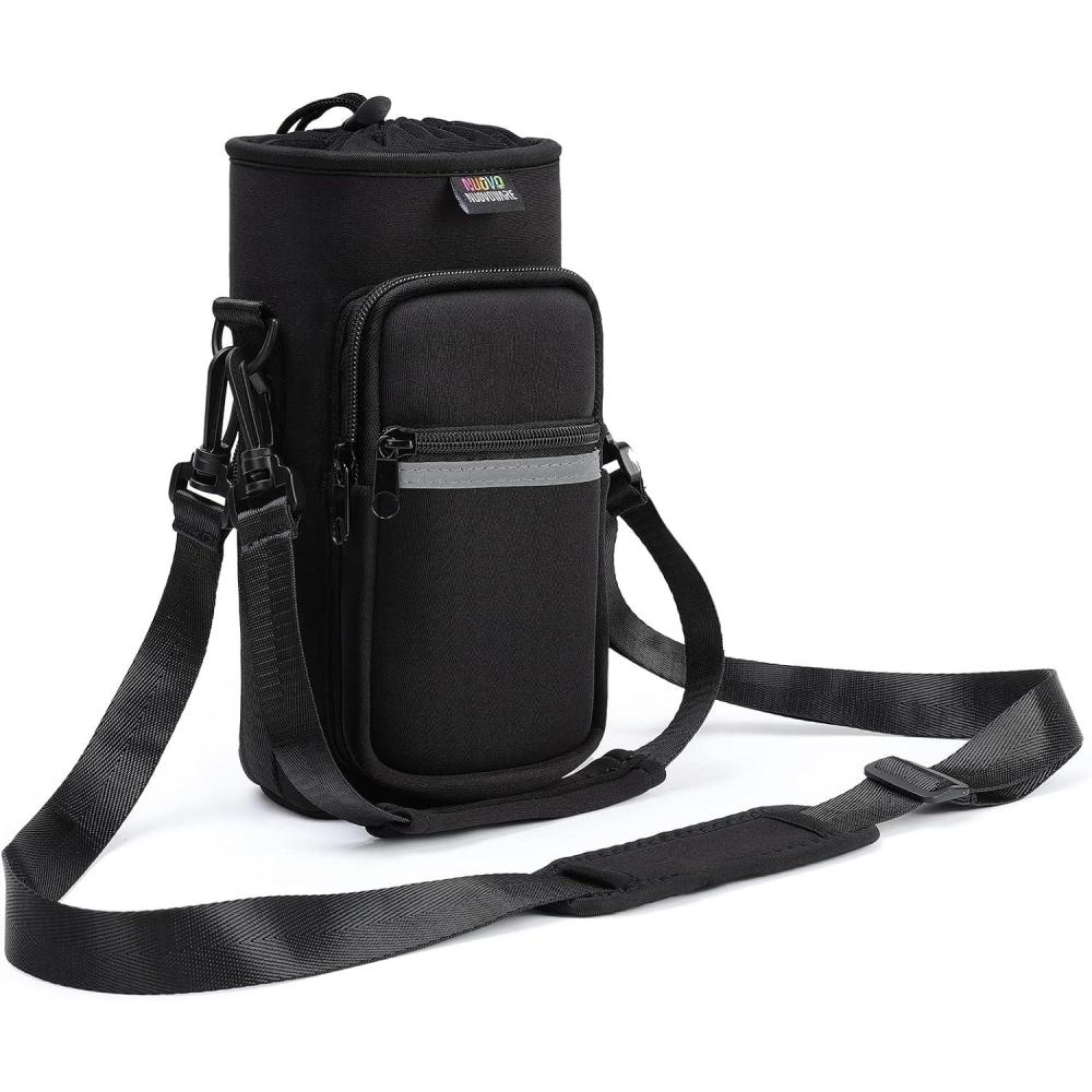 image:imageNuovoware Sac Bouteille en Noprne 750ml1000ml1800ml PorteBouteille avec BandoulireampampDragonne Ajustable Sac FourreTout avec Poche Accessoire Parfait pour Voyage Randonne CampingBnoir