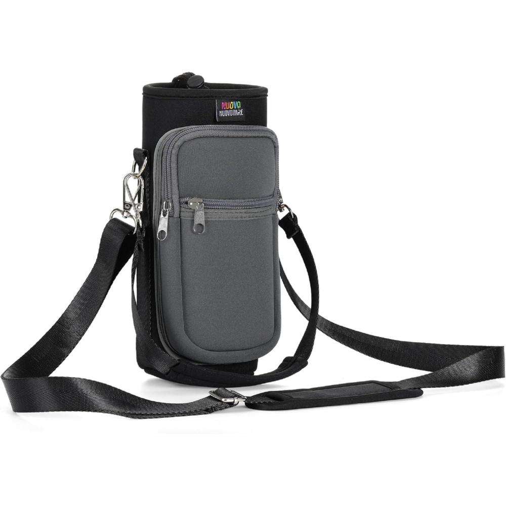 image:imageNuovoware Sac Bouteille en Noprne 750ml1000ml1800ml PorteBouteille avec BandoulireampampDragonne Ajustable Sac FourreTout avec Poche Accessoire Parfait pour Voyage Randonne CampingNoirGris