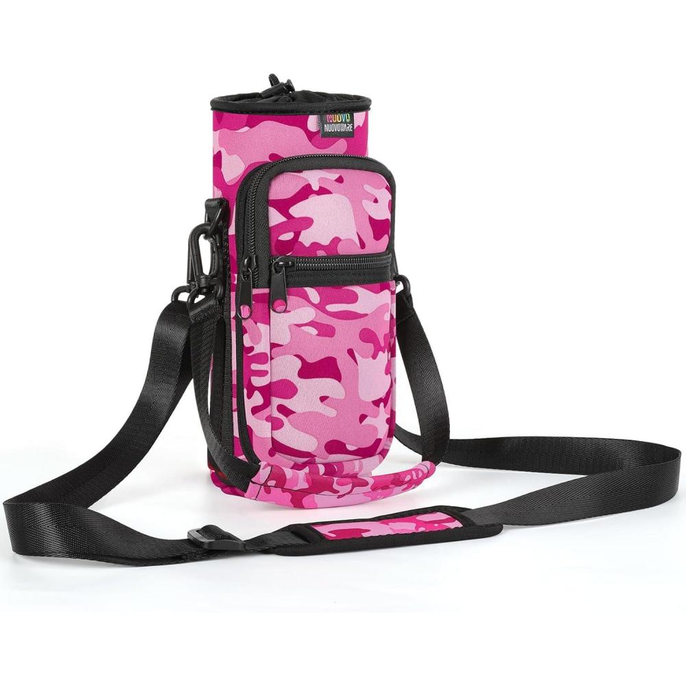 image:imageNuovoware Sac  Bouteille en Noprne 750ml1000ml1800ml PorteBouteille avec BandoulireampampDragonne Ajustable Sac FourreTout avec Poche Accessoire Parfait pour Voyage Randonne CampingCamouflage Rose