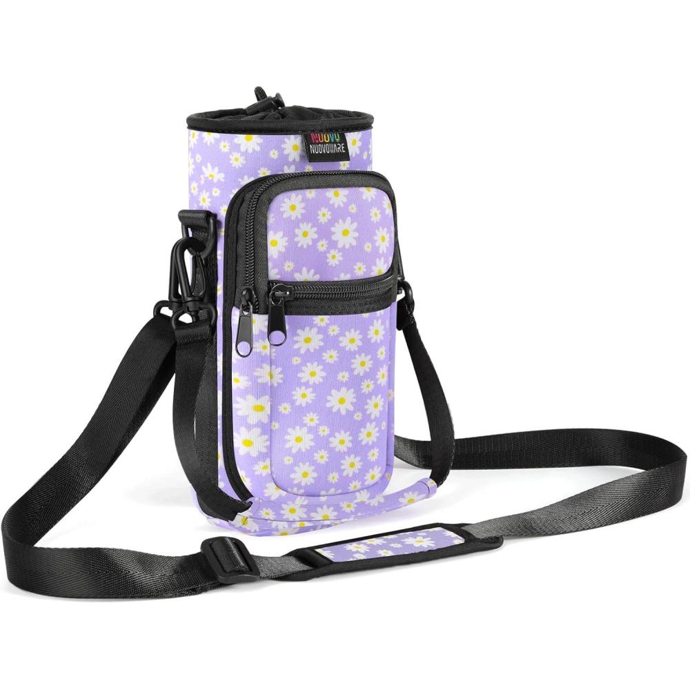 image:imageNuovoware Sac  Bouteille en Noprne 750ml1000ml1800ml PorteBouteille avec BandoulireampampDragonne Ajustable Sac FourreTout avec Poche Accessoire Parfait pour Voyage Randonne CampingMarguerite Violette