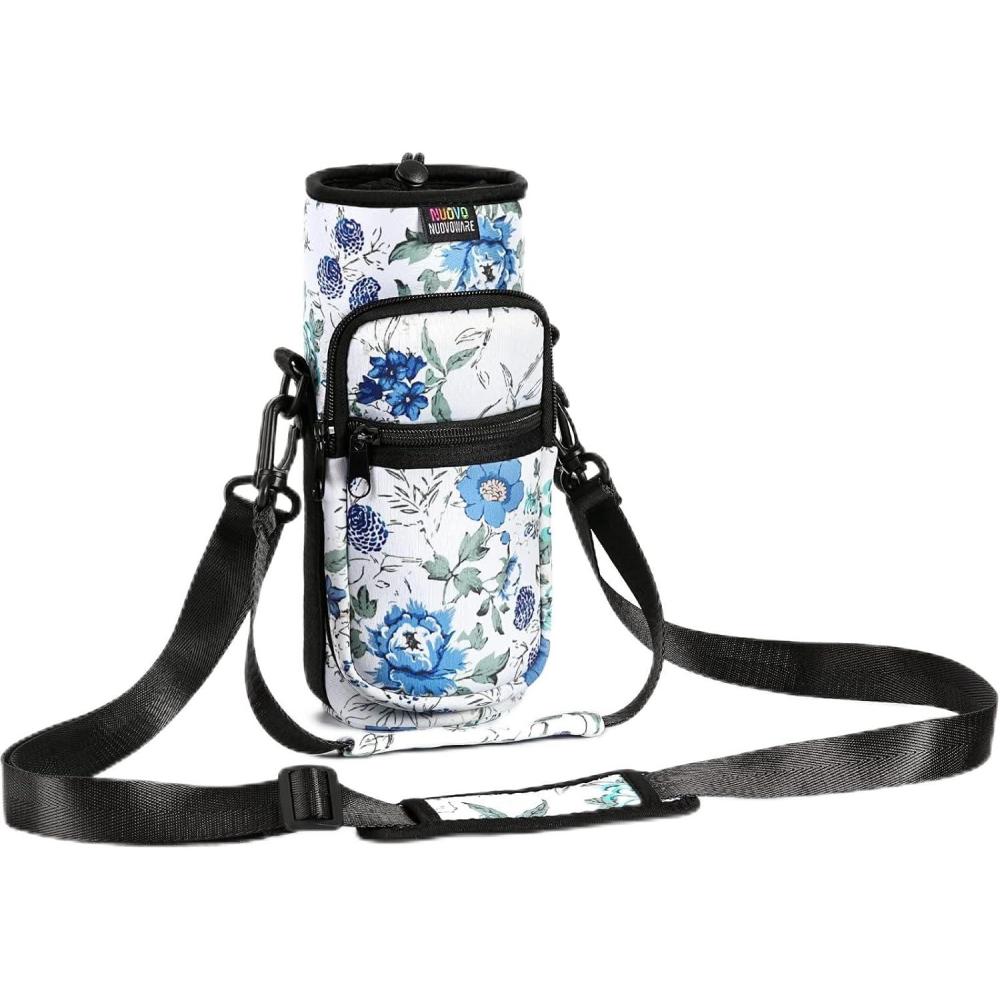 image:imageNuovoware Sac Bouteille en Noprne 750ml1000ml1800ml PorteBouteille avec BandoulireampampDragonne Ajustable Sac FourreTout avec Poche Accessoire Parfait pour Voyage Randonne CampingBlanc Bleu