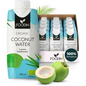 Foodin Eau de coco Bio, Naturellement hydratante avec des électrolytes, Sans gras, Sans gluten, Sans OGM, Faible en calories – Désaltérant apaisant – Paquet de 12 (12x330ml)(330 ml (Lot de 12))