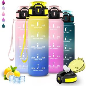 Grsta Gourde, Gourde 1l, Bouteille Sport, Anti Fuite, Reutilisable, Facile à Nettoyer, avec Slogan de Motivation, Bouteille d&rsquo;eau pour Camping, Sports, Randonnée, Yoga, Bureau, Vélo(Jaune-bleu)