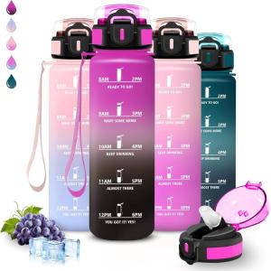 Grsta Gourde, Gourde 1l, Bouteille Sport, Anti Fuite, Reutilisable, Facile à Nettoyer, avec Slogan de Motivation, Bouteille d&rsquo;eau pour Camping, Sports, Randonnée, Yoga, Bureau, Vélo(Violet-noir)