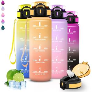 Grsta Gourde, Gourde 1l, Bouteille Sport, Anti Fuite, Reutilisable, Facile à Nettoyer, avec Slogan de Motivation, Bouteille d&rsquo;eau pour Camping, Sports, Randonnée, Yoga, Bureau, Vélo(Jaune-orange)