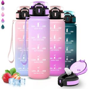 Grsta Gourde, Gourde 1l, Bouteille Sport, Anti Fuite, Reutilisable, Facile à Nettoyer, avec Slogan de Motivation, Bouteille d&rsquo;eau pour Camping, Sports, Randonnée, Yoga, Bureau, Vélo(Violet-rose)