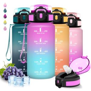 Grsta Gourde, Gourde 1l, Bouteille Sport, Anti Fuite, Reutilisable, Facile à Nettoyer, avec Slogan de Motivation, Bouteille d&rsquo;eau pour Camping, Sports, Randonnée, Yoga, Bureau, Vélo(Rouge-vert)