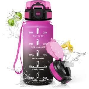 HoneyHolly Gourde Paille, Gourde 500ml, sans BPA & Étanches, Bouteille, Motivation Bouteille d&rsquo;eau, Avec Marqueur de Temps, Petite Water Bottle pour Gym, Ecole, Cyclisme, Plein Air, Sport(Lilaschwarz – 500ml)