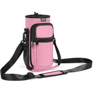 Nuovoware Sac à Bouteille en Néoprène, 750ml/1000ml/1800ml Porte-Bouteille avec Bandoulière&Dragonne Ajustable, Sac Fourre-Tout avec Poche, Accessoire Parfait pour Voyage Randonnée Camping(Rose)