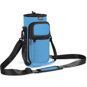 Nuovoware Sac à Bouteille en Néoprène, 750ml/1000ml/1800ml Porte-Bouteille avec Bandoulière&Dragonne Ajustable, Sac Fourre-Tout avec Poche, Accessoire Parfait pour Voyage Randonnée Camping(Bleu Azur)