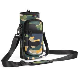 Nuovoware Sac à Bouteille en Néoprène, 750ml/1000ml/1800ml Porte-Bouteille avec Bandoulière&Dragonne Ajustable, Sac Fourre-Tout avec Poche, Accessoire Parfait pour Voyage Randonnée Camping(Camouflage Vert)