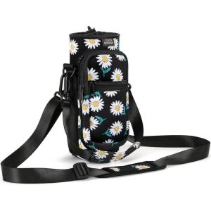 Nuovoware Sac à Bouteille en Néoprène, 750ml/1000ml/1800ml Porte-Bouteille avec Bandoulière&Dragonne Ajustable, Sac Fourre-Tout avec Poche, Accessoire Parfait pour Voyage Randonnée Camping(Marguerite Noire)
