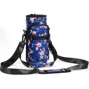 Nuovoware Sac à Bouteille en Néoprène, 750ml/1000ml/1800ml Porte-Bouteille avec Bandoulière&Dragonne Ajustable, Sac Fourre-Tout avec Poche, Accessoire Parfait pour Voyage Randonnée Camping(Pivoine Bleu)