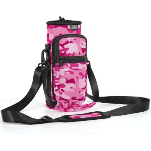 Nuovoware Sac à Bouteille en Néoprène, 750ml/1000ml/1800ml Porte-Bouteille avec Bandoulière&Dragonne Ajustable, Sac Fourre-Tout avec Poche, Accessoire Parfait pour Voyage Randonnée Camping(Camouflage Rose)