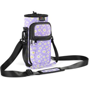 Nuovoware Sac à Bouteille en Néoprène, 750ml/1000ml/1800ml Porte-Bouteille avec Bandoulière&Dragonne Ajustable, Sac Fourre-Tout avec Poche, Accessoire Parfait pour Voyage Randonnée Camping(Marguerite Violette)