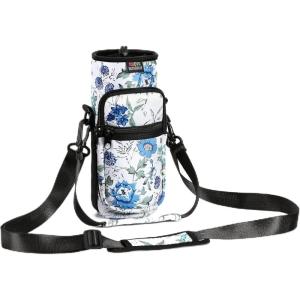 Nuovoware Sac à Bouteille en Néoprène, 750ml/1000ml/1800ml Porte-Bouteille avec Bandoulière&Dragonne Ajustable, Sac Fourre-Tout avec Poche, Accessoire Parfait pour Voyage Randonnée Camping(Blanc & Bleu)