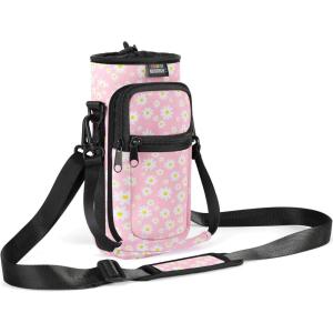 Nuovoware Sac à Bouteille en Néoprène, 750ml/1000ml/1800ml Porte-Bouteille avec Bandoulière&Dragonne Ajustable, Sac Fourre-Tout avec Poche, Accessoire Parfait pour Voyage Randonnée Camping(Marguerite Rose)