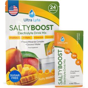 Ultra Lyte Electrolytes Drink Mix – Poudre de mangue salée sans sucre – 24 sachets à haute teneur en sodium, oligo-minéraux et eau de noix de coco – Hydratation pour le fitness, la réhydratation et