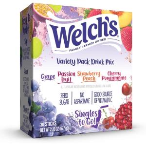 Welch&rsquo;s Singles To Go Variety Pack Watertok Mélange de boissons en poudre, contient 4 saveurs : raisin, fruit de la passion, pêche fraise, grenade cerise, 1 boîte (30 portions)