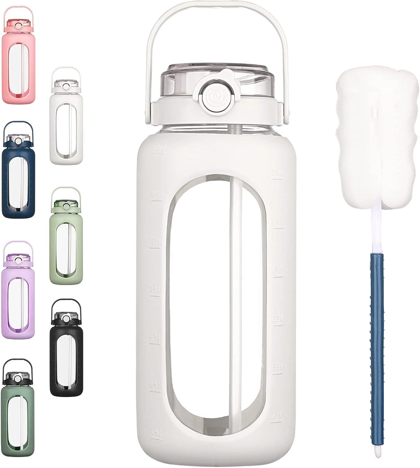 image:imageBLUEGO 960ml Gourd en verre Avec paille Marqueur de temps Bouteille deau Motivation avec manchon en silicone 1 litre Grande carafe deau en Verre pour Gym sports et entranement NoirBlanc