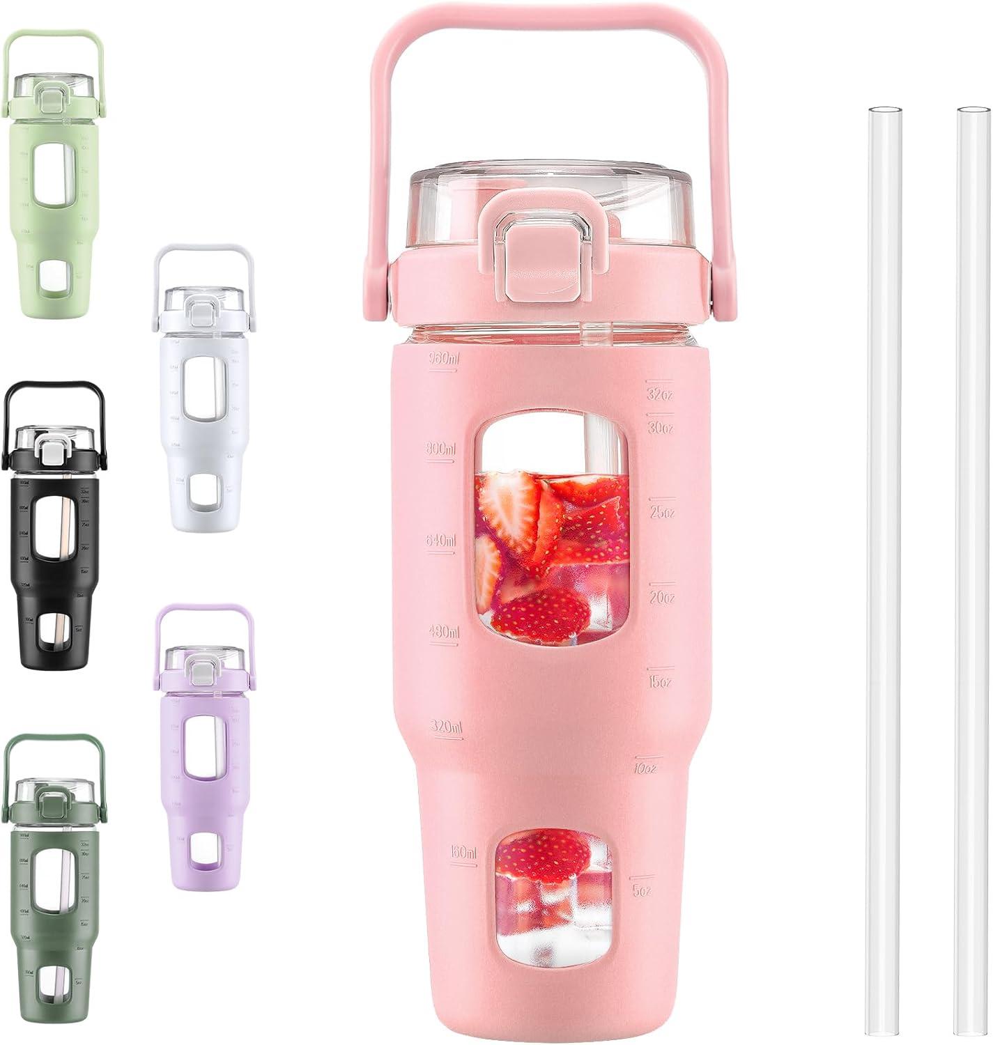 image:imageBLUEGO 960ml Gourd en verre Avec paille Marqueur de temps Bouteille deau Motivation avec manchon en silicone 1 litre Grande carafe deau en Verre pour Gym sports et entranement NoirRose